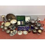 Assorted Plated Ware, including three piece tea set, epergne centrepiece, cased spoons, posy