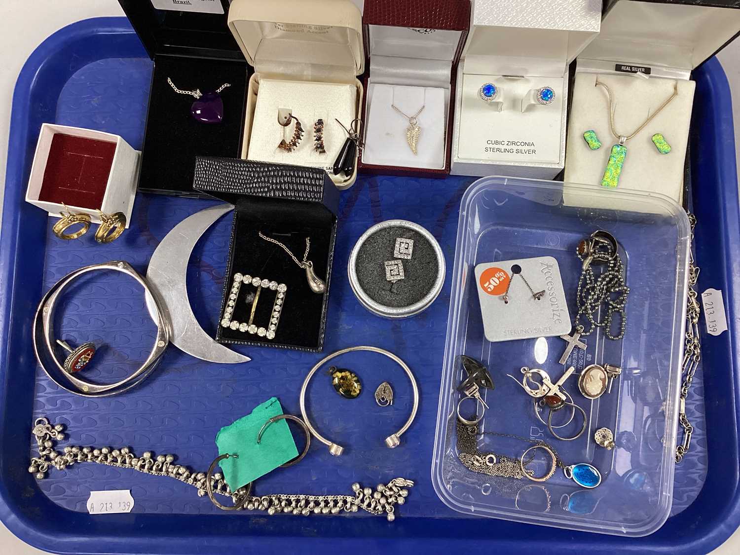 "925" and Other Jewellery, including pendants on chain, earrings, rings, bangle, etc :- One Tray