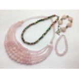 Modern Rose Quartz Five Row Graduated Bead Necklace, clasp stamped "925"; modern rose quartz heart