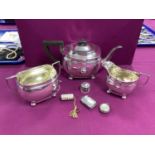 HB&H Plated Three Piece Tea Set, together with a plated vesta case, a small hallmarked silver topped