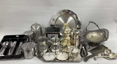 Assorted Platedware, including a twin handled tray, pair of candle sticks, swing handled footed