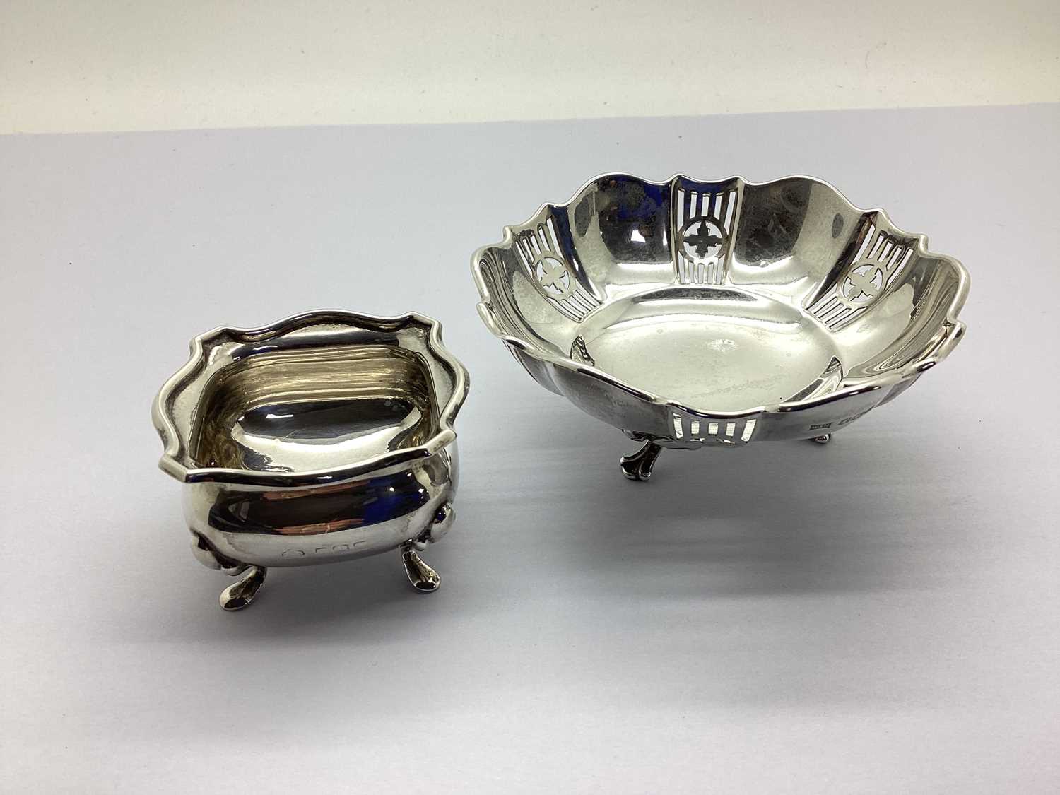 A Hallmarked Silver Dish, Walker & Hall, Sheffield 1922, of pierced shaped design, raised on three