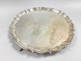 A Chester Hallmarked Silver Salver, HEB FEB, Chester 1925, of shaped circular form, engraved "