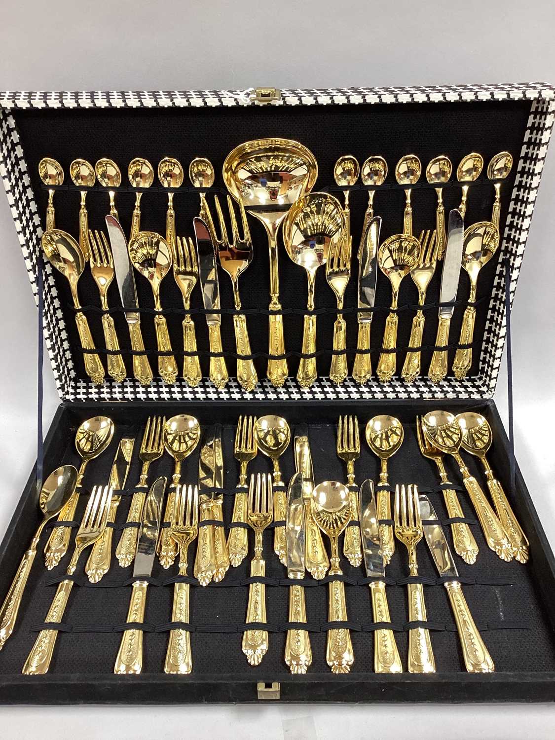 LBL Italian Twelve Setting Gilt Metal Canteen of Cutlery, in original fitted case (case 48.5cm