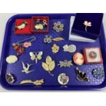 Costume Brooches, including cat, cameo style, micromosaic etc :- One Tray