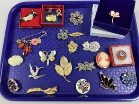 Costume Brooches, including cat, cameo style, micromosaic etc :- One Tray