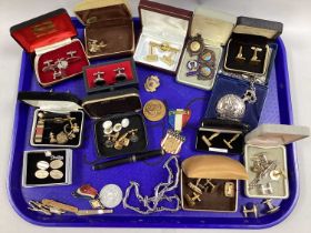 Assorted Cufflinks, sleeve bands, sporting medallions, etc :- One Tray