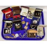 Assorted Cufflinks, sleeve bands, sporting medallions, etc :- One Tray