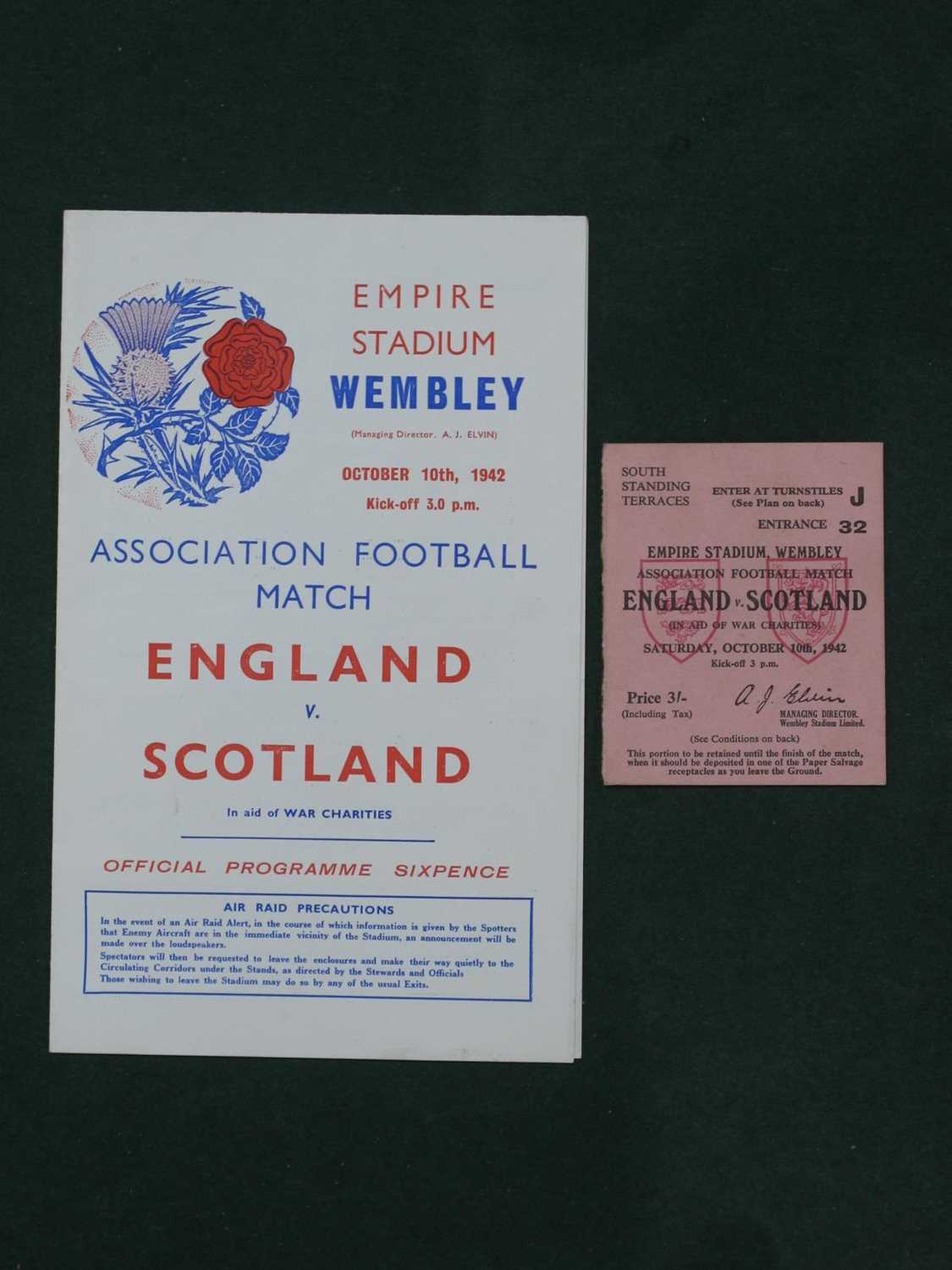 1942 England v. Scotland Football Ticket and Programme, at Wembley, dated 10th October 1942. The