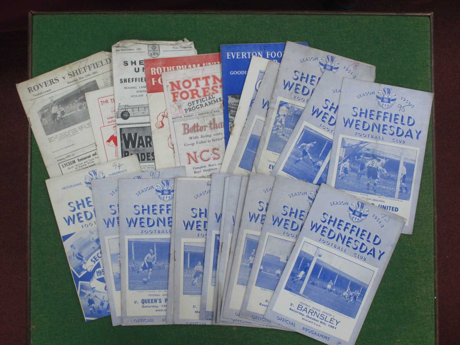 Sheffield Wednesday 1951-2 Programmes, v, Barnsley, Brentford, Bury, Blackburn, Cardiff,