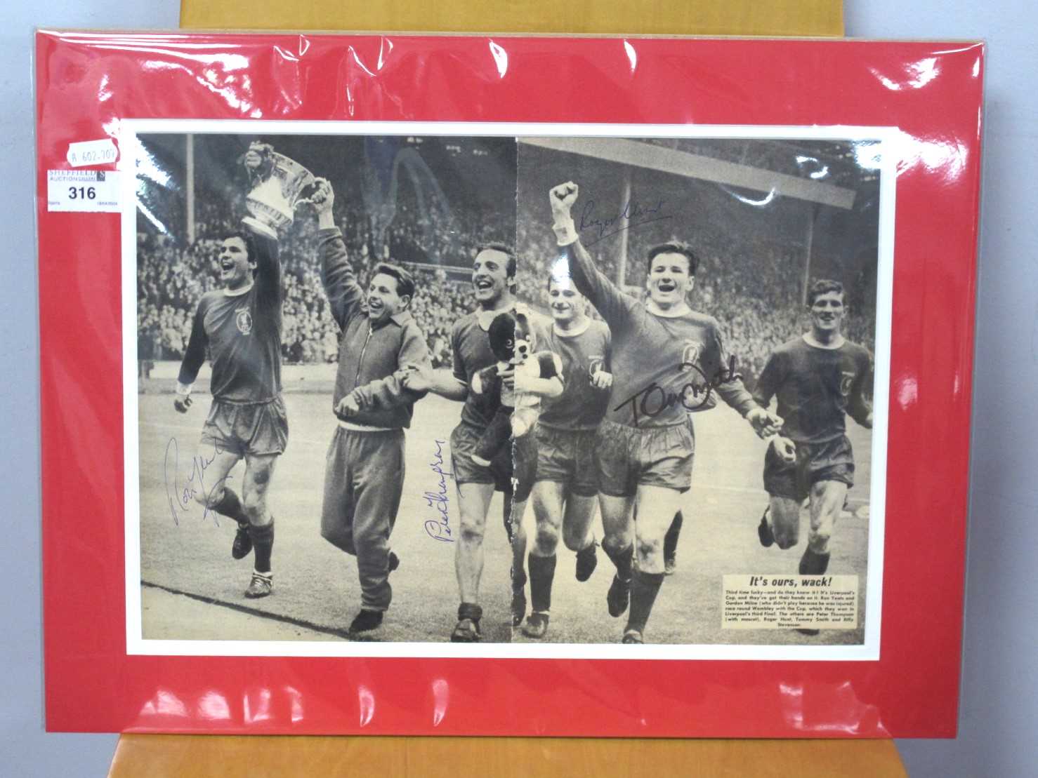 Ron Yeats, Peter Thompson Roger Hunt and Tommy Smith Autographs, (unverified) all signed on a two-