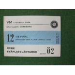 1958 World Cup England v. Brazil, ticket for the group game at Gothenburg, dated 11th June 1958. The