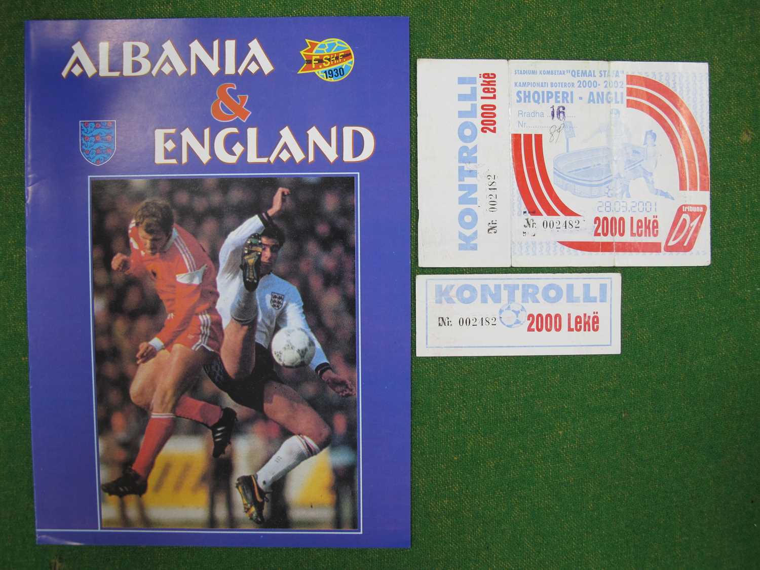 2001 Albania v. England Football Match Ticket 002482 Plus Programme, played on 28th March, 2001,