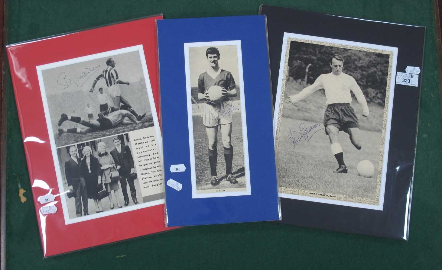 Stanley Matthews, Jimmy Greaves and Jim Baxter Autographs, (unverified) each on an image of