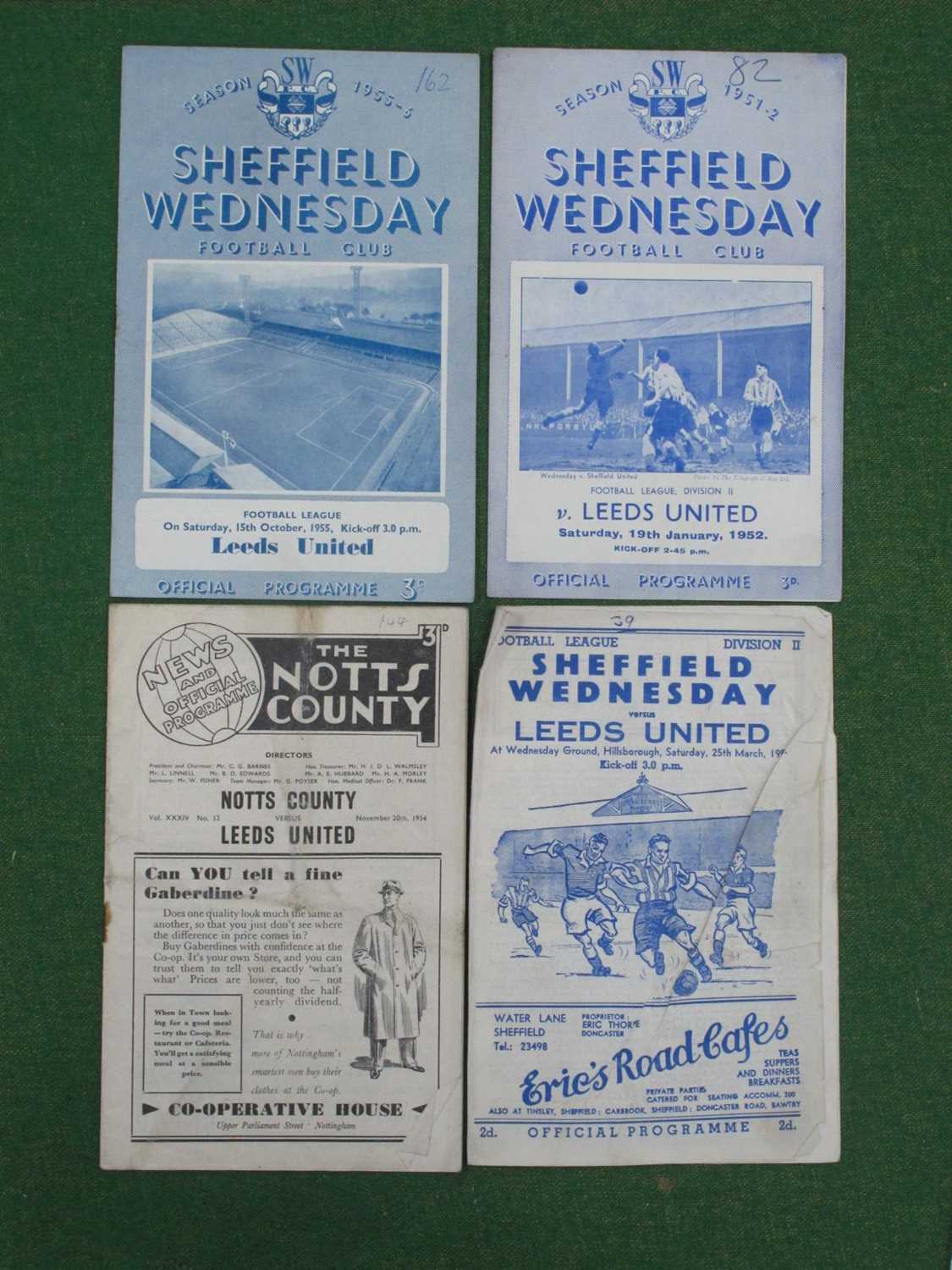 Leeds United Away Programmes at Sheffield Wednesday, 1949-50, 51-2 and 55-6, at Notts County 54-