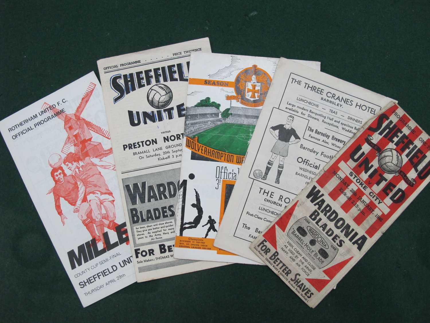 Sheffield United Programmes, 1945-6 v. Stoke, 47-8 v. Preston (writing on face), 49-50 at Wolves -