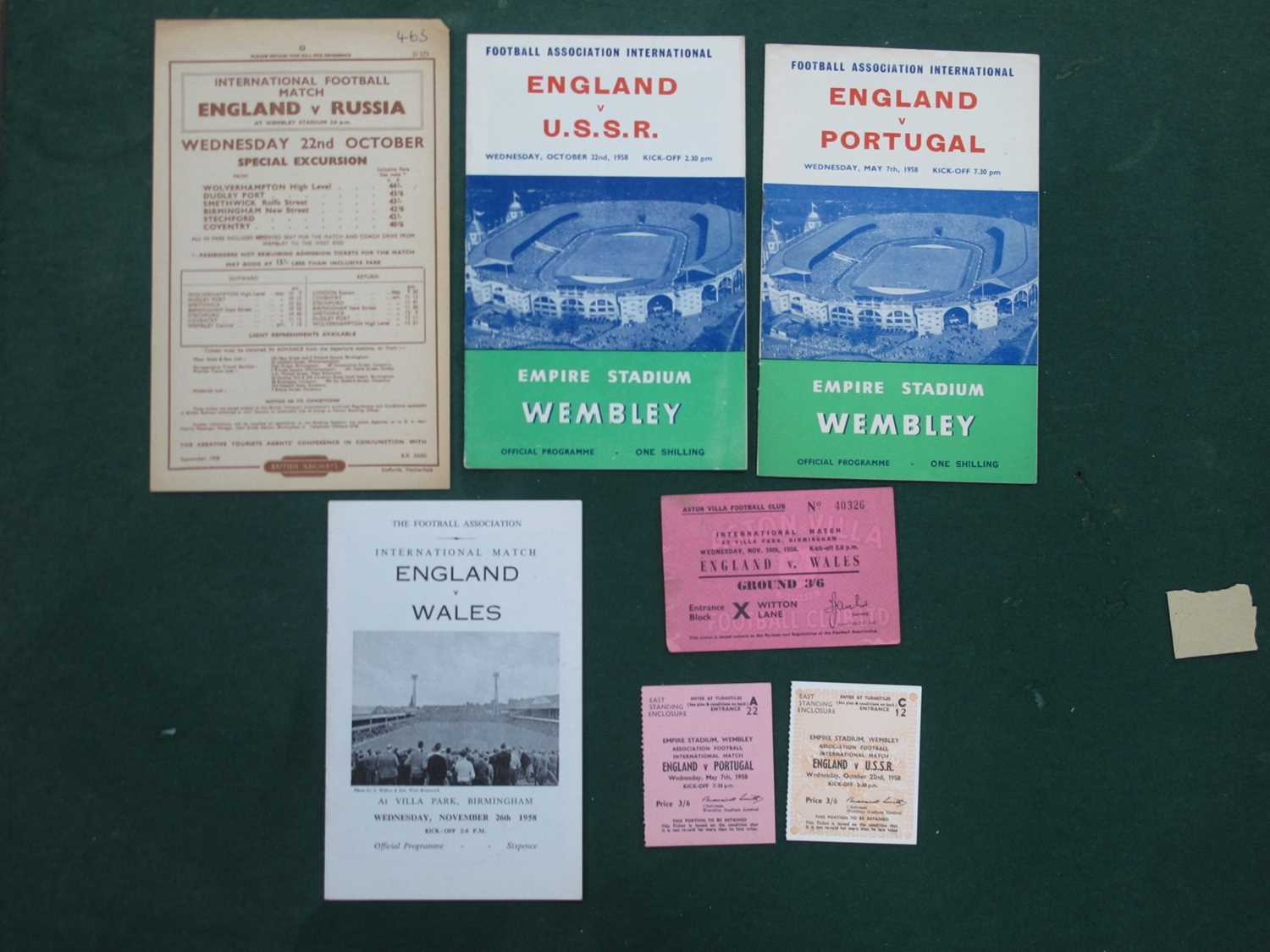 1958 England v. Wales, U.S.S.R, Portugal, a football programme and ticket from each game. Railway