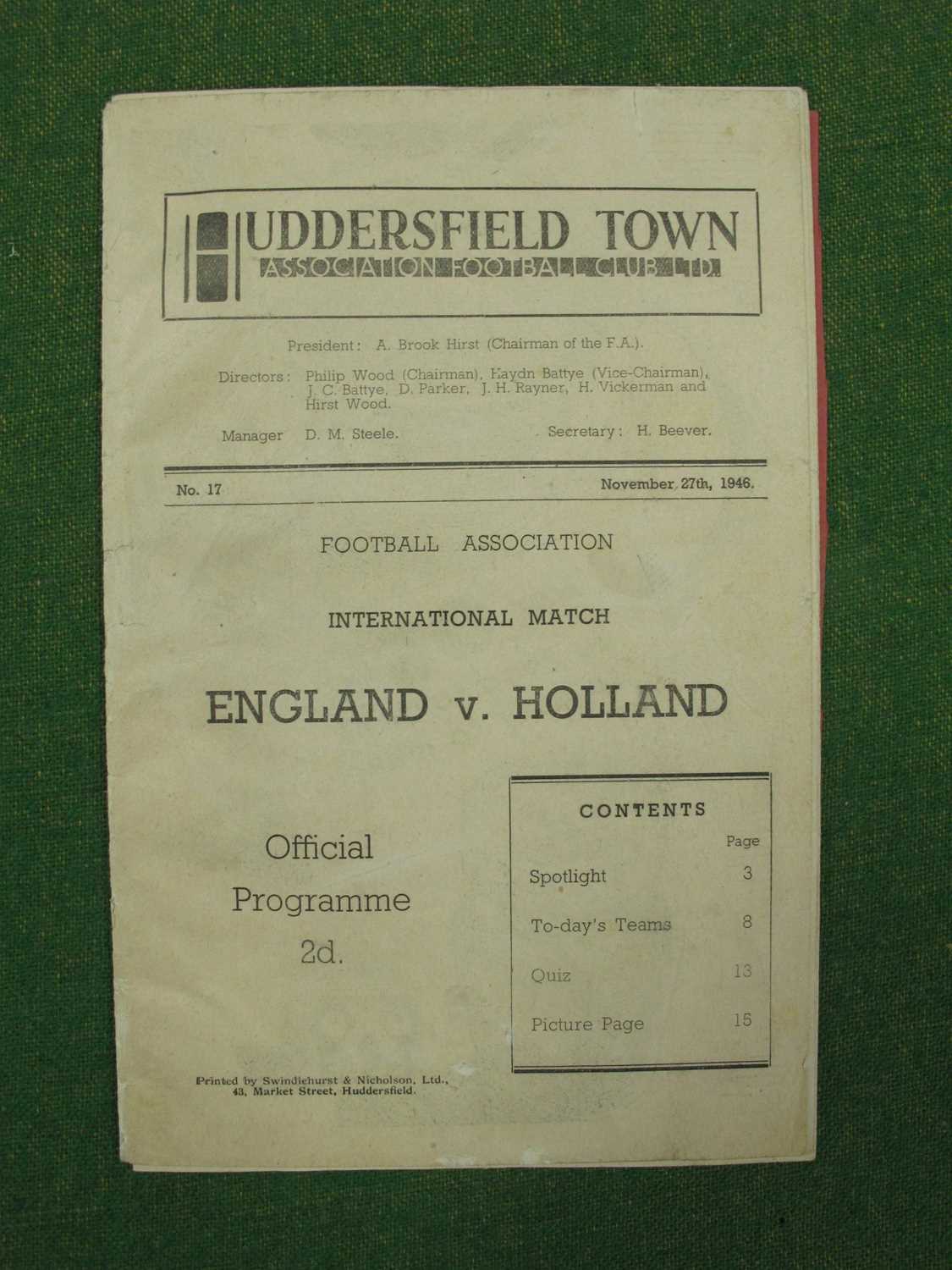 1946 England v. Holland Programme, for The International Match at Huddersfield, dated November 27th,