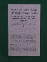 Bradford City 1943-4 Programme v. Huddersfield, dated 26th February 1944, single card issue.