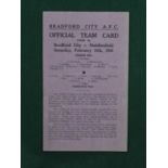 Bradford City 1943-4 Programme v. Huddersfield, dated 26th February 1944, single card issue.