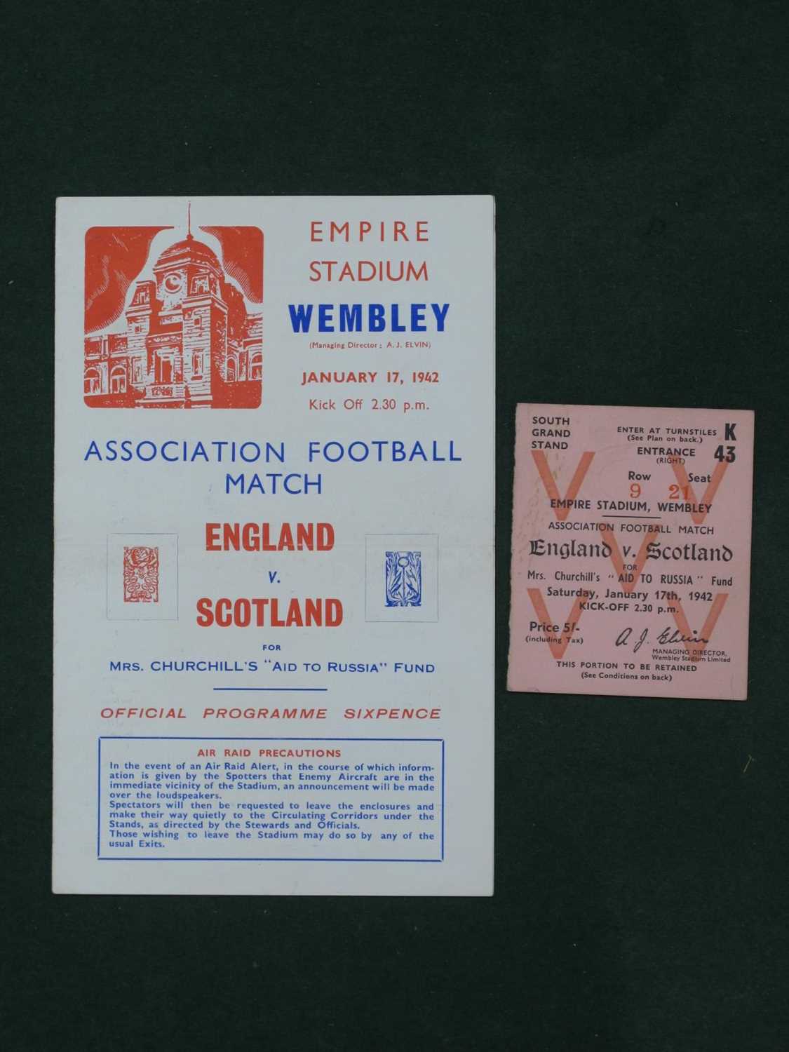 1942 England v. Scotland Football Ticket and Programme, (horizontal crease) for the game at