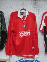 Barnsley F.C Match Worn Admiral Red Home Shirt for (Matty) Appleby, bearing 'ORA' logo, Premier