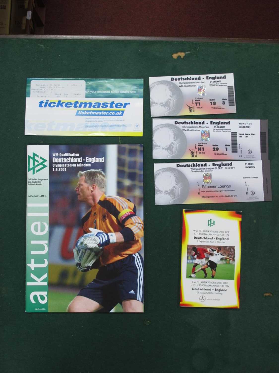 2001 Germany v. England, football tickets (x 2), another for Sabener Lounge, programme, and German