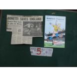 1969 Holland v. England Football Ticket and Programme for The International Match, dated 5th