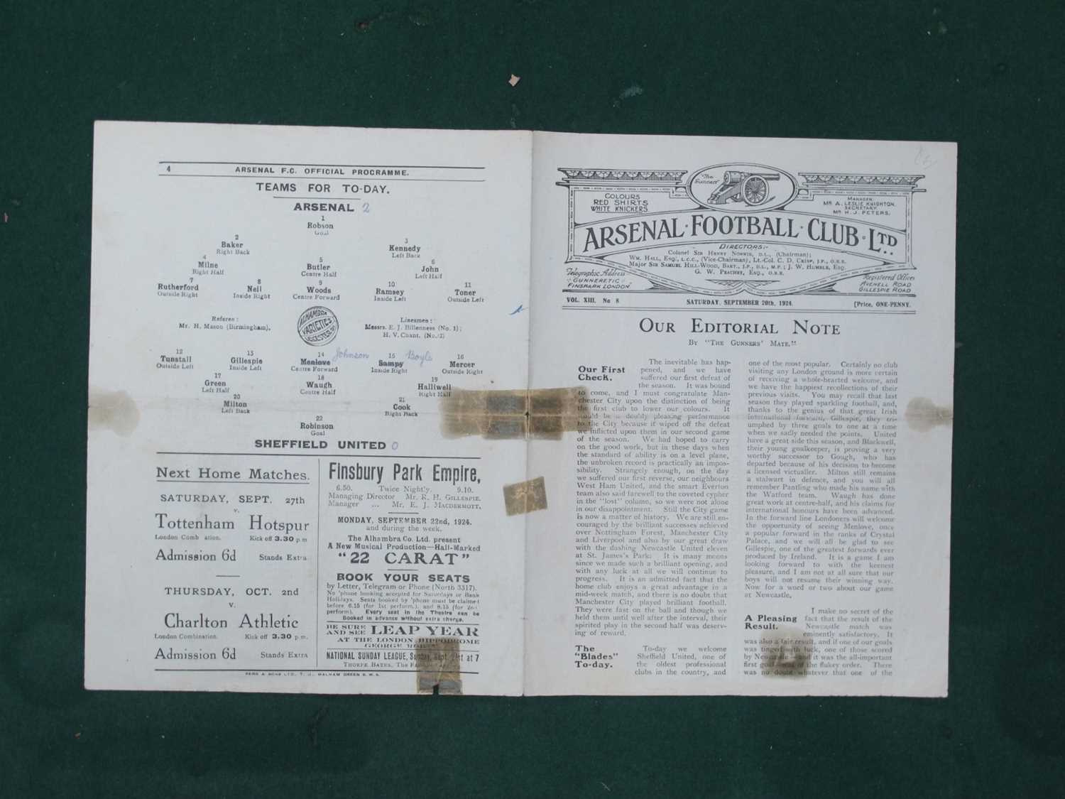 1924-25 Arsenal v. Sheffield United Four Page Football Programme, dated September 20th, 1924 (tape