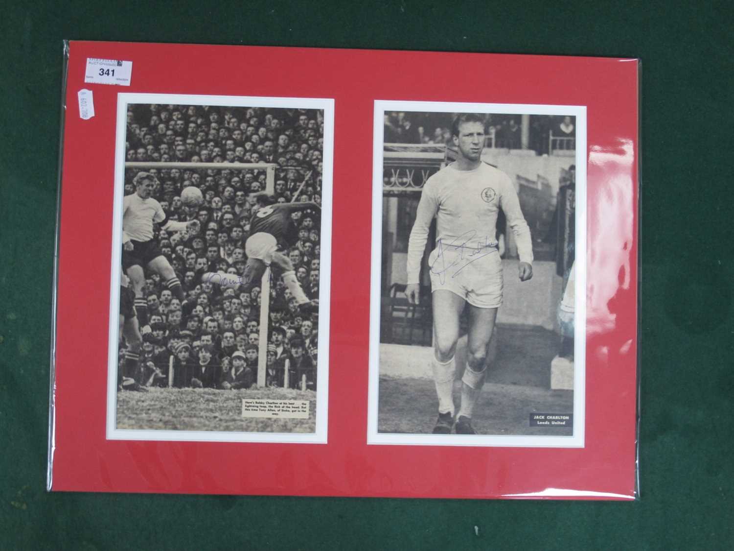 Bobby Charlton and Jackie Charlton Autographs, (unverified) blue ink signed on an image of each