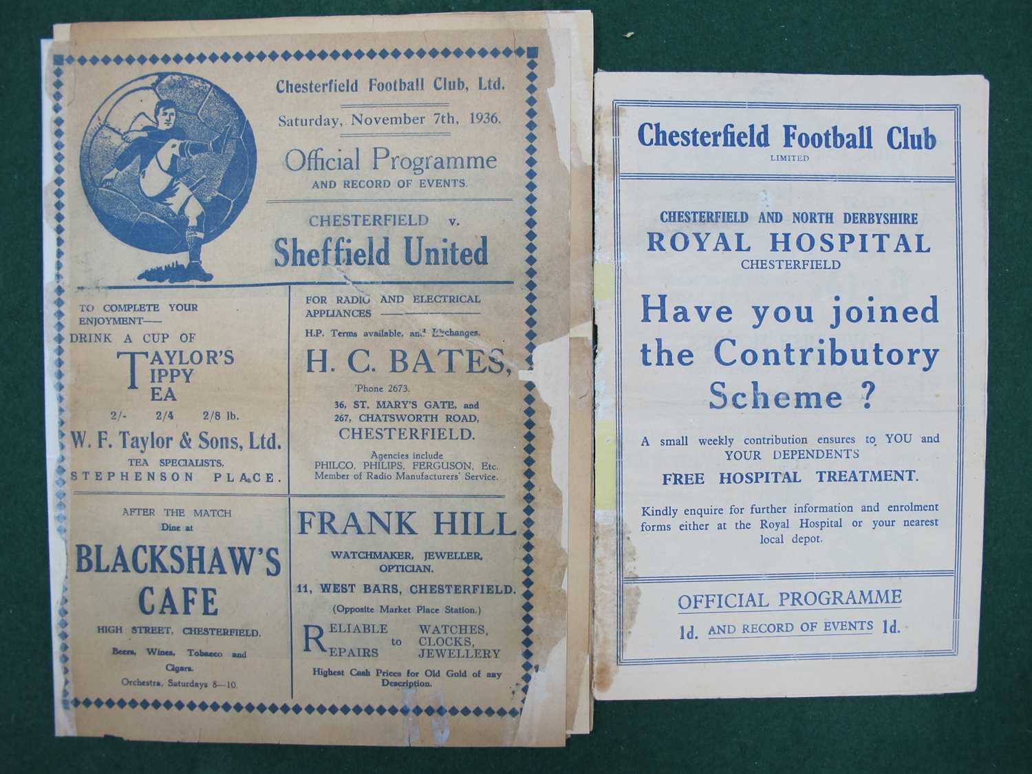 Chesterfield v. Sheffield United Programmes 1936-7 and 1937-8, (both with restoration). (2).