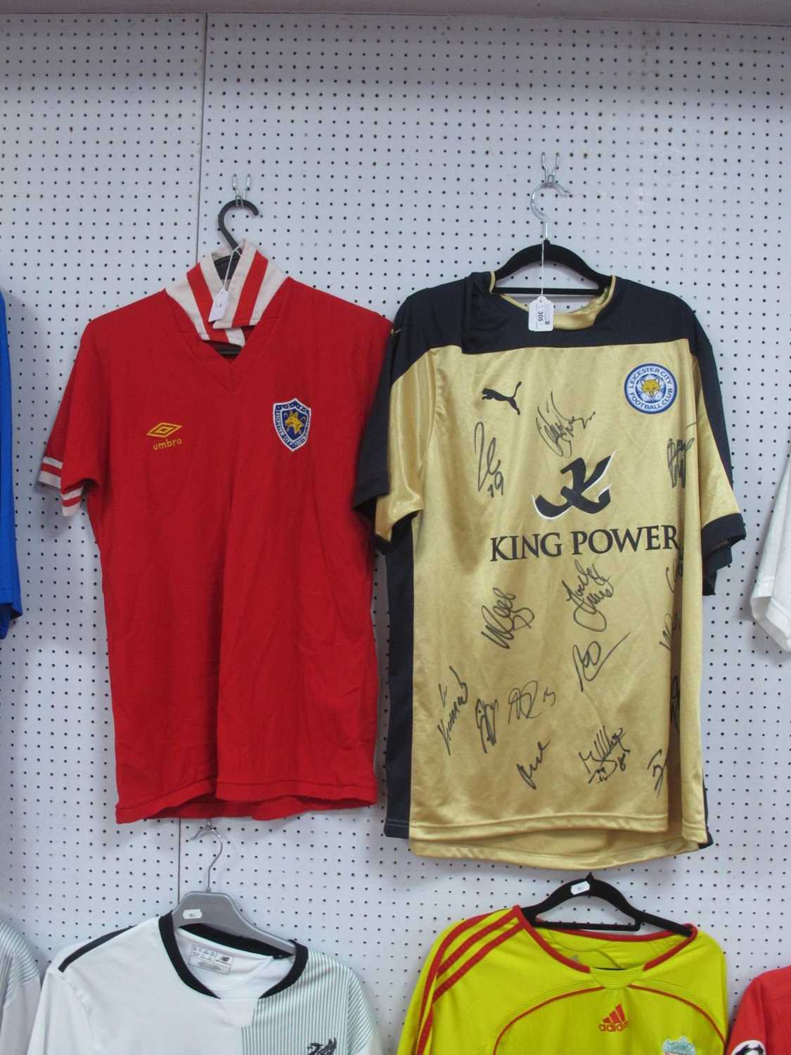 Leicester City Umbro Red Away Shirt, with striped collar and fox in shield badge, Number 3 to