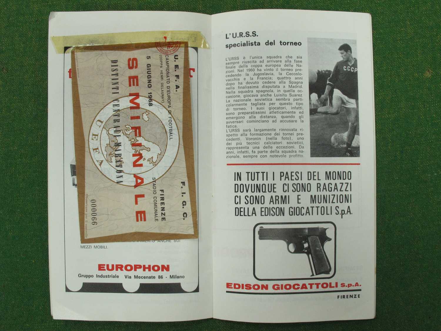 1968 European Football Championship Semi-Final Ticket, for England v. Yugoslavia, at Stadio