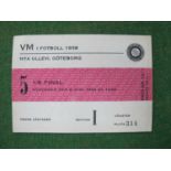 1958 World Cup England v. Russia, ticket for the group game at Gothenburg, dated 8th June 1958.