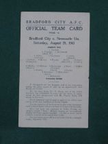 Bradford City 1943-4 Programme v. Newcastle United, dated 28th August 1943, single card issue.