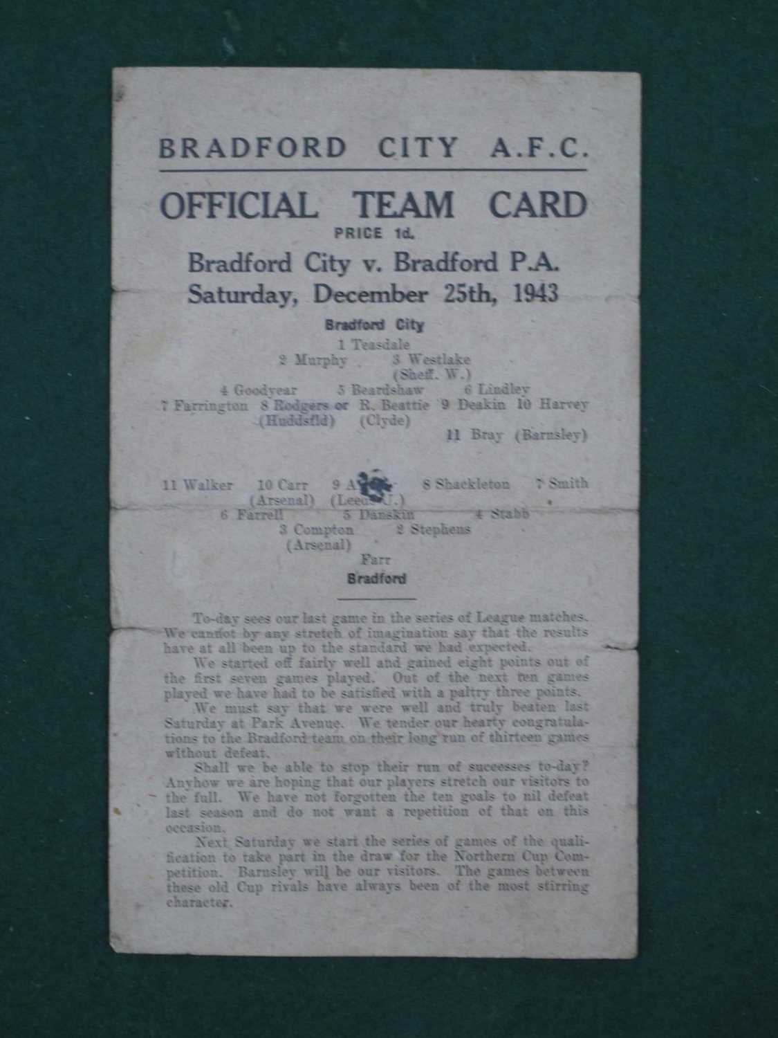 Bradford City 1943-4 Programme v. Bradford Park Avenue, dated 25th December 1943, single card