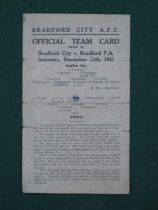 Bradford City 1943-4 Programme v. Bradford Park Avenue, dated 25th December 1943, single card