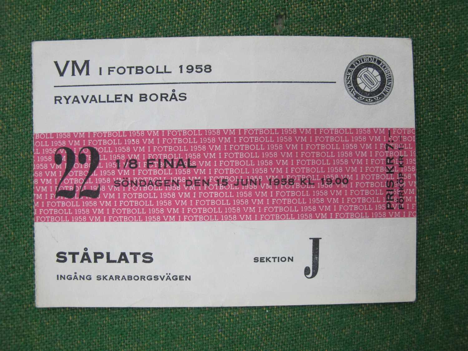 1958 World Cup England v. Austria, ticket for the group game at Ryavallen, Boras, dated 15th June