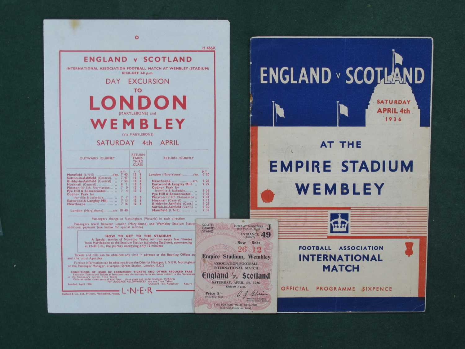 1936 England v. Scotland Football Ticket, Programme (rusty staple removed, creased), together with