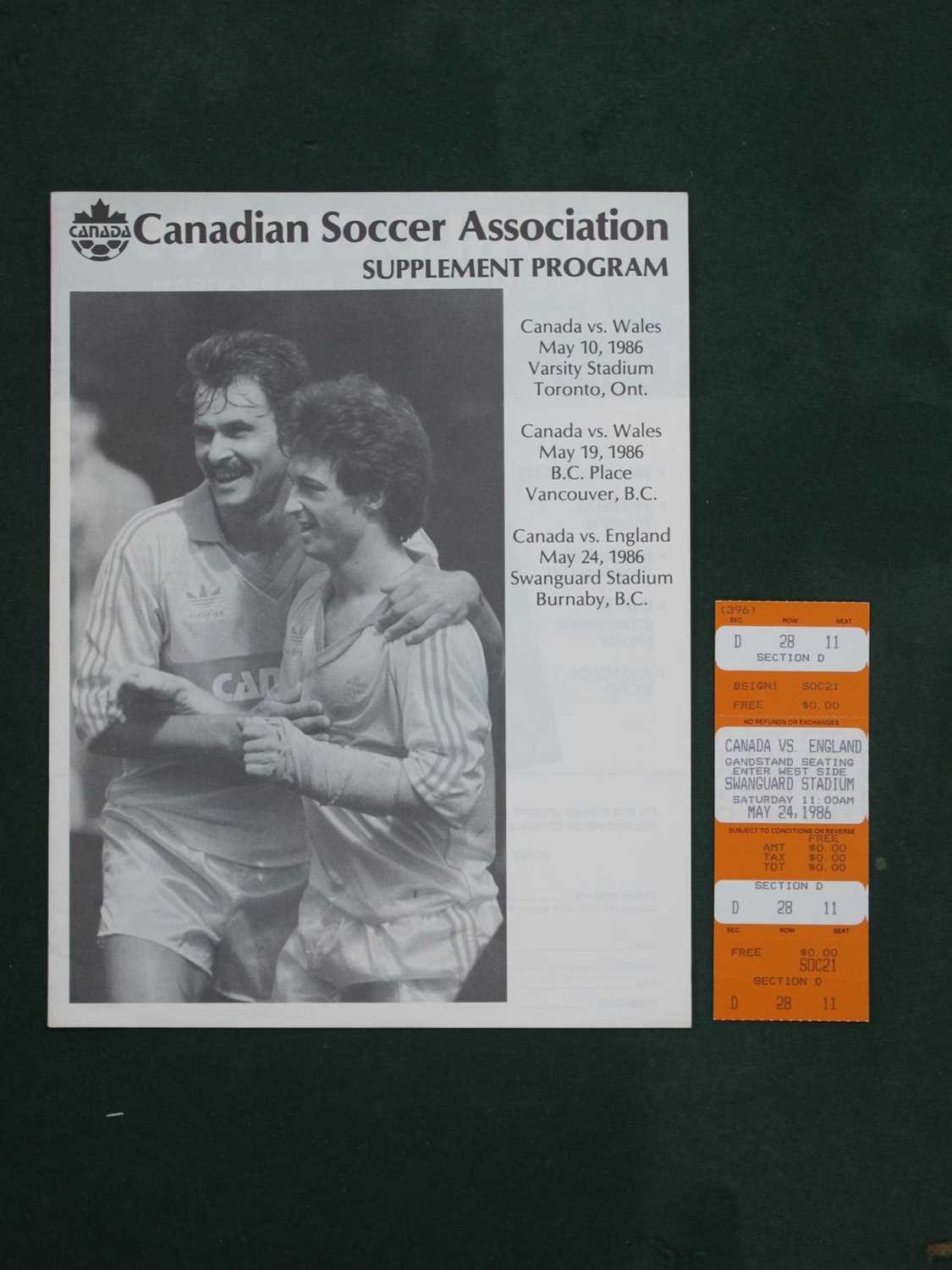 1986 Canada v. England, football ticket for the game at Burnaby B.C, together with programme.