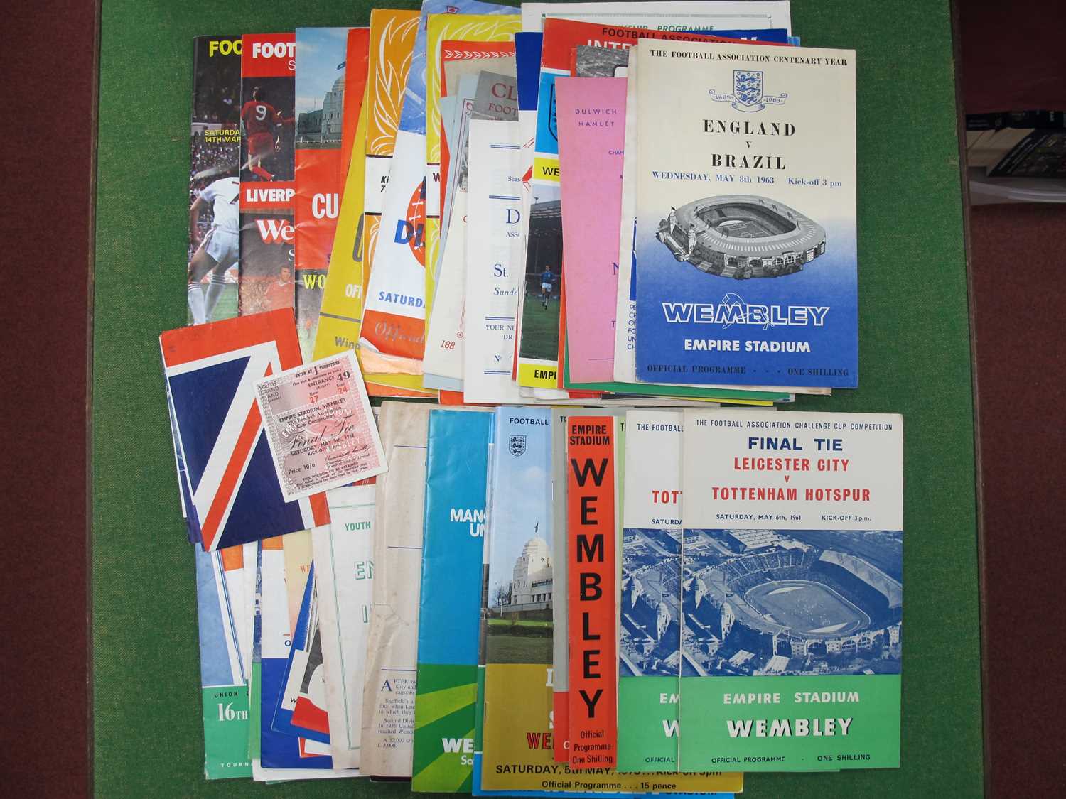 F.A Cup Final Programmes, 1961, 62 plus song sheet and ticket, 64, 65, 60, 75, 76. Three semis.