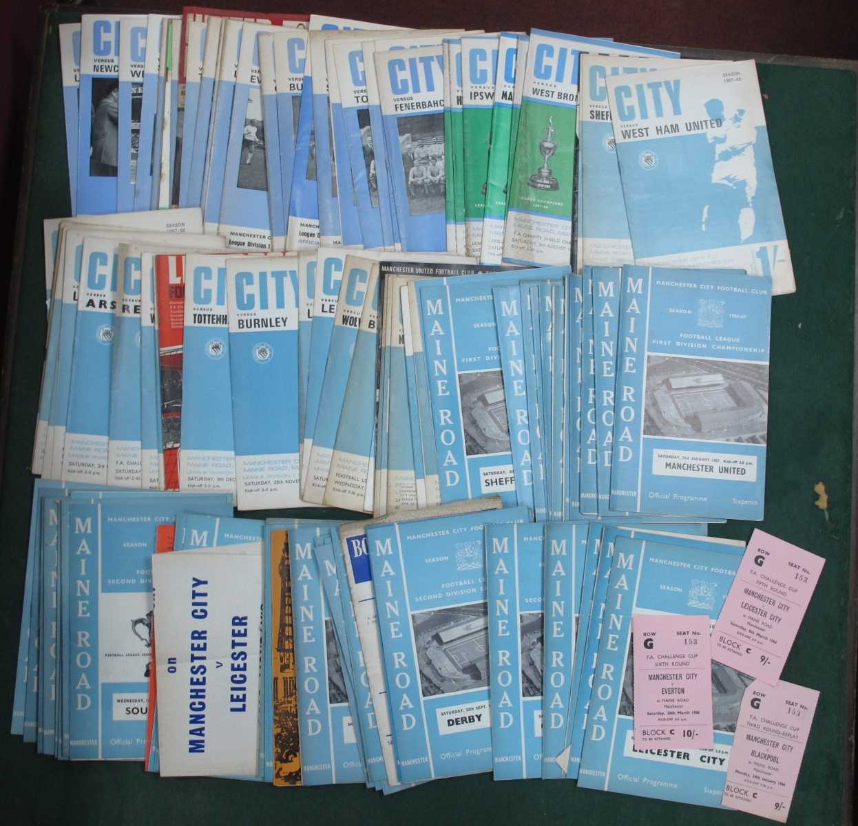 Manchester City Programmes 1965-6, twenty-eight plus tickets for F.A.Games v. Blackpool, Everton,