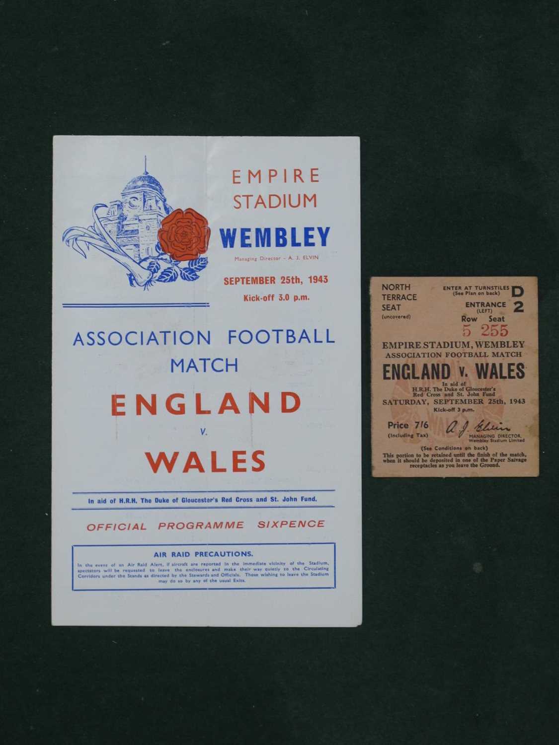 1943 England v. Wales football ticket and programme (vertical crease), at Wembley, dated 25th