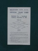 Bradford City 1942-3 Programme v. Gateshead, dated 26th September 1942, single card issue, (