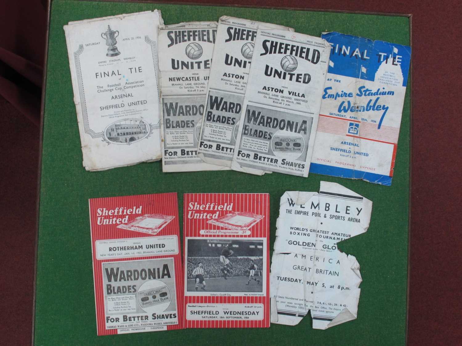 Sheffield United Home Programmes, 1947-8 (torn) and 48-9 v. Aston Villa.48-9 Newcastle (grubby) 52-3