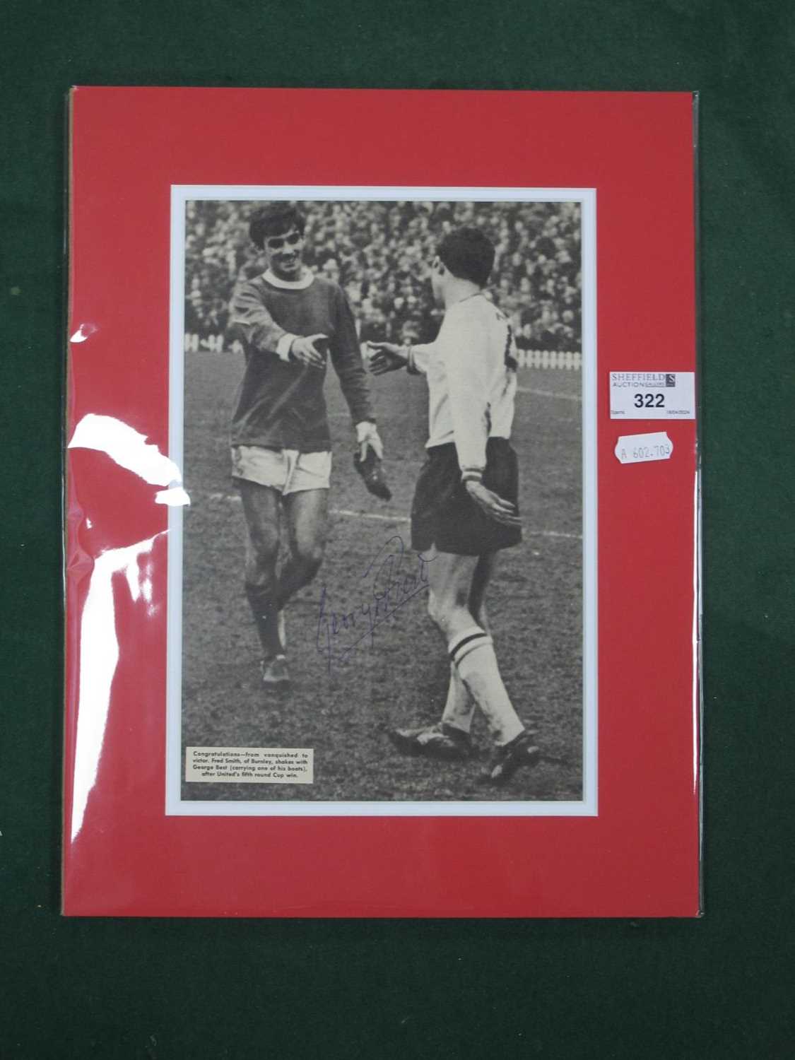 George Best Autograph, (unverified) blue ink signed on an image of him shaking hands with an