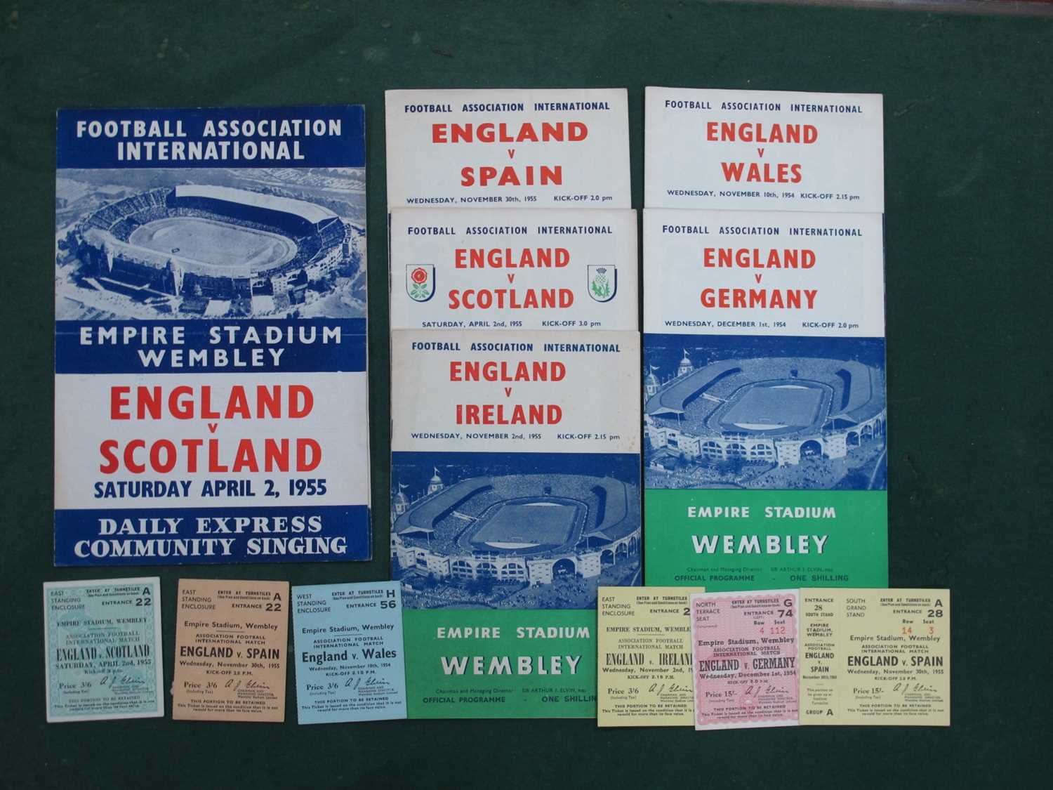 1954 England v. Germany, Wales. 1955 v. Ireland, Scotland, Spain. A programme and ticket from each