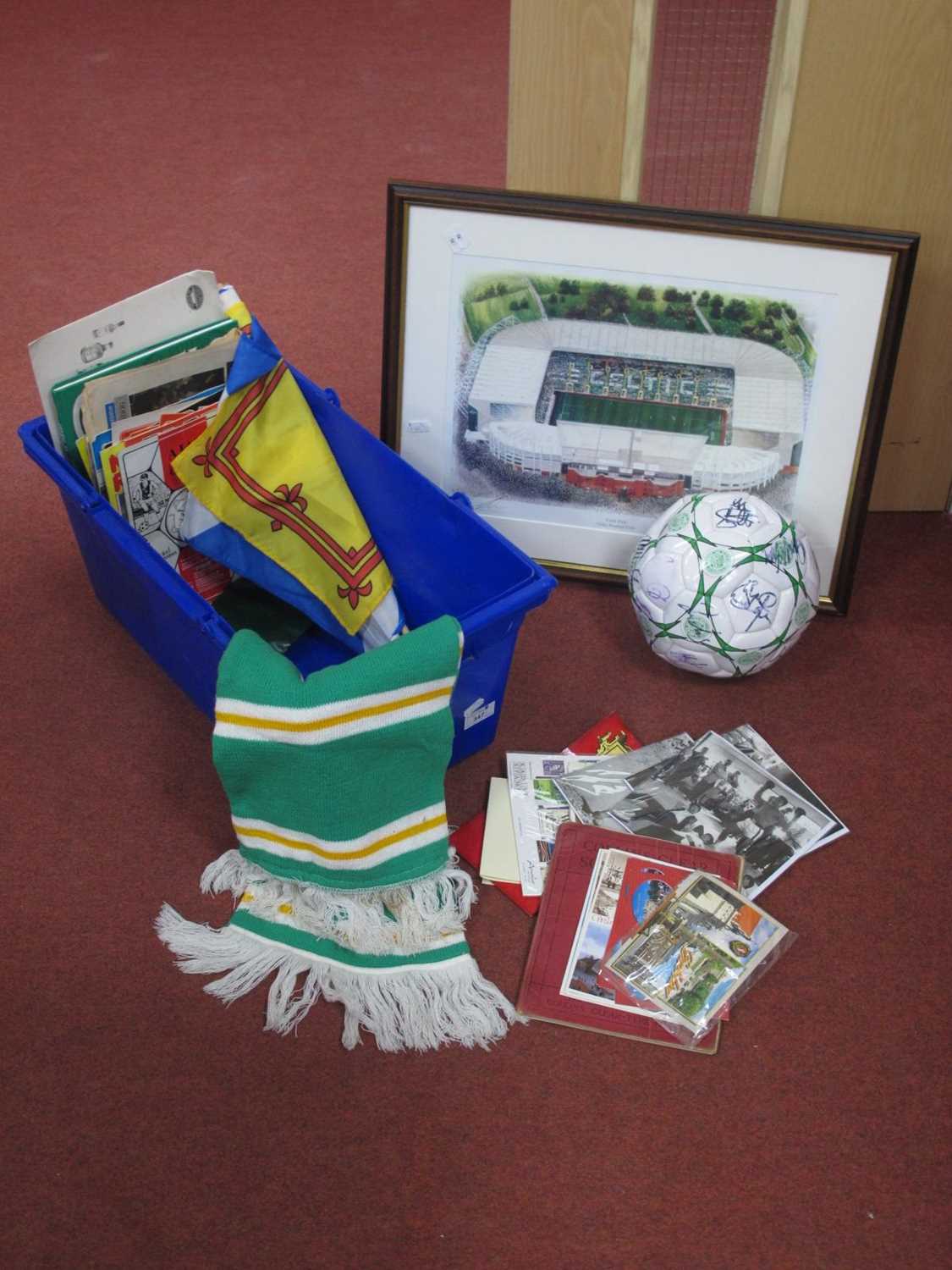 Glasgow Celtic, signed print of Celtic Park, signed ball, scarf, The Jock Stein years package. 82-