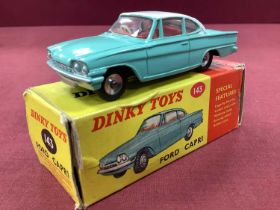 Dinky Toys No 143 Ford Capri, white roof/turquoise, overall very good, one or two chips on raised
