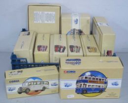 Ten Boxed Diecast Model Buses by Corgi to include #97871 Karrier W Utility Trolleybus - Bradford